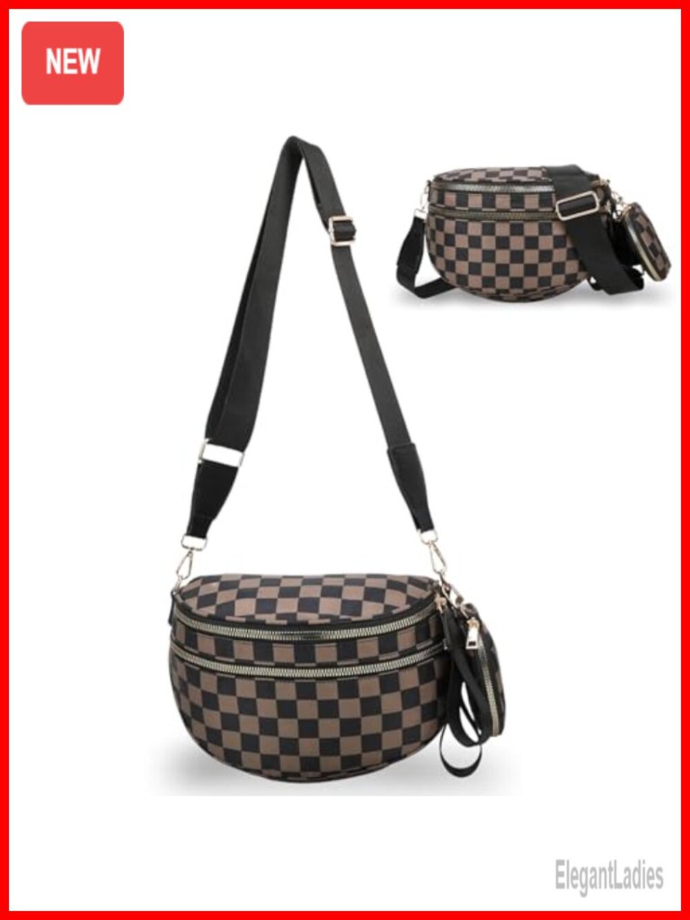 Checkered Crossbody Bag Nylon Sling Bag Wide Strap Women's Purse